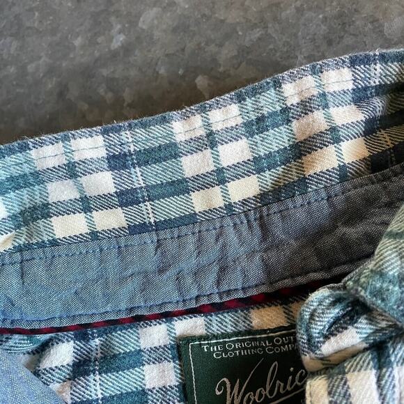 Woolrich Plaid Flannel Button Up Shirt Mens Large Long 6280 Blue Green Mallard - Picture 6 of 11